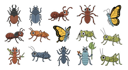 Obraz premium Diverse collection of colorful cartoon insects including ants, butterflies, beetles, and grasshoppers for educational purposes.