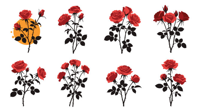 Beautiful collection of red rose bouquets with dark green leaves and sharp thorns isolated on a clean white background.