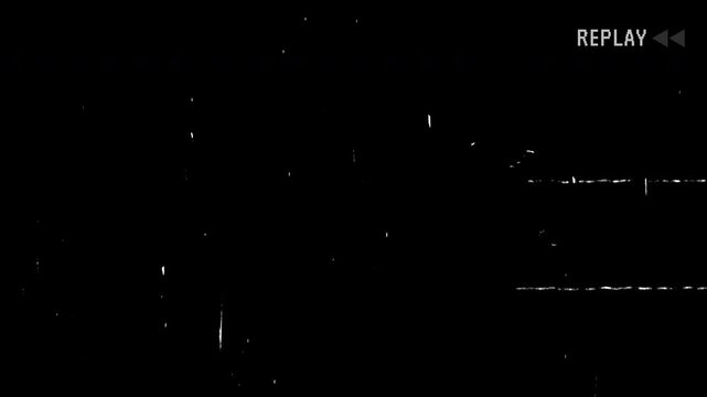 replay vhs with scratches vintage film old tape text and double logo replay or playback on top right transparent looping, noise from analog TV, retro vintage old film overlay, 4k video