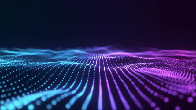ブルーとパープルのネオン粒子が流れる高速データストリームの背景