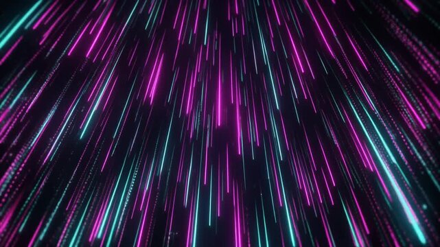 サイバー空間を流れるネオン粒子と光のラインのデジタルレイン背景