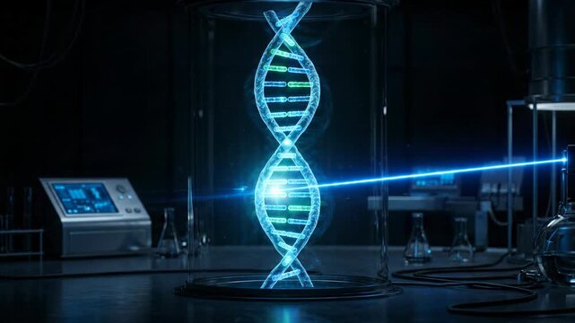 Glowing blue futuristic dna hologram floats inside dark science laboratory, scanned by laser beam, inspiring wonder for advanced medical gene biology technology research