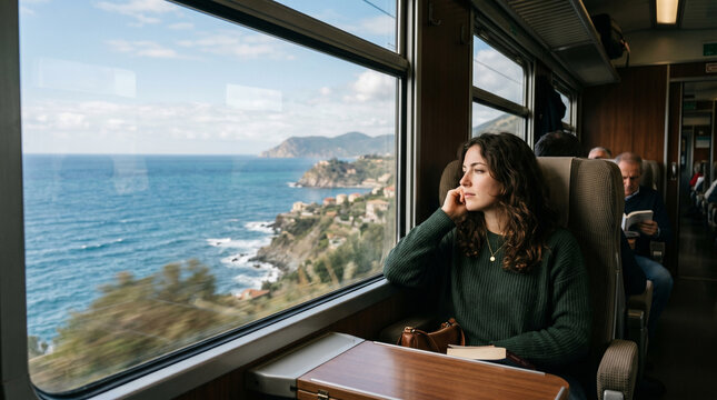 Young woman looking out of a train window at a scenic coastal landscape. Female passenger traveling along the sea on a sunny day. Vacation journey