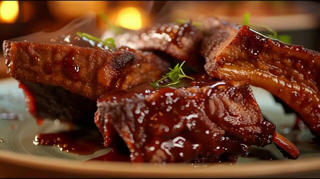 Cinematic macro of glistening glazed bbq ribs with fresh garnish in warm dramatic lighting