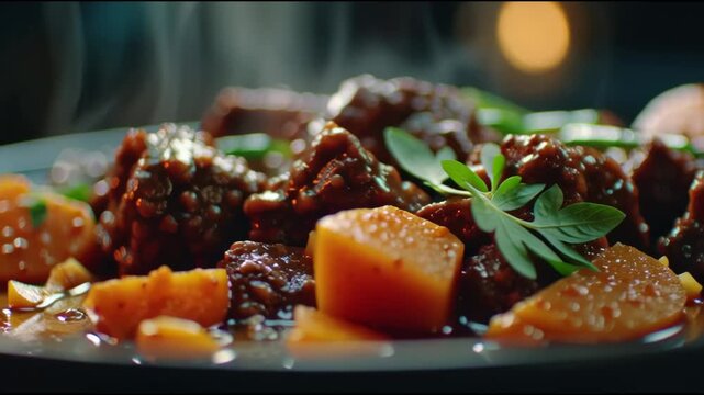 Cinematic macro shot of steaming hot beef stew with rich gravy carrots and fresh garnish