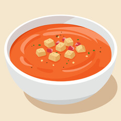 Creamy Tomato Soup in a White Bowl with Crunchy Croutons and Herbs, Flat Vector Illustration © Cocok