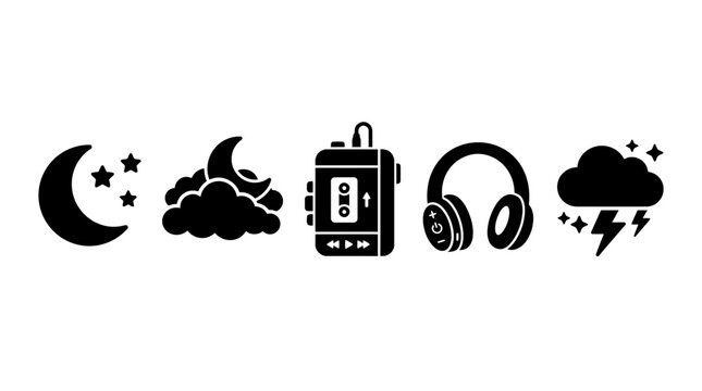 Set of five black and white flat icons depicting weather and audio technology.