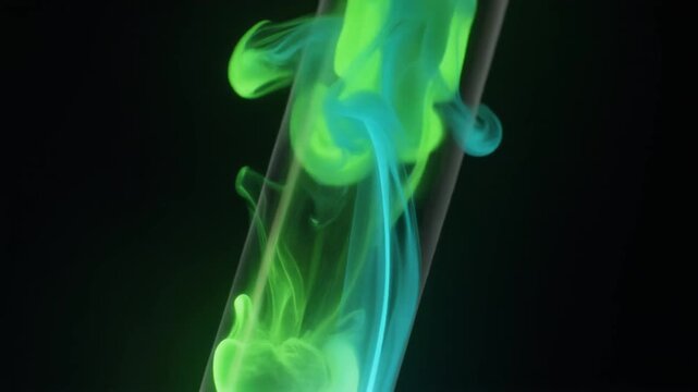 暗闇の中で2つの液体が混ざり合い化学発光する様子のマクロ撮影