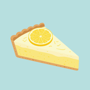 Slice of Fresh Lemon Tart with Lemon Garnish on a Pastel Blue Background