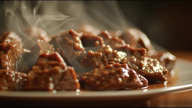 Cinematic macro of steaming braised beef chunks in rich savory gravy with dramatic rising steam
