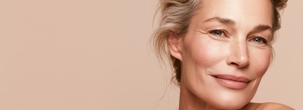 Smiling mature blonde woman on beige background. Natural peptide skincare, happy senior anti-aging beauty concept with copy space for marketing text.