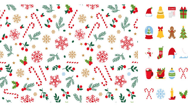 Christmas seamless pattern with candy cane, snowflake, holly, cherry and pine branch on dark background plus colorful festive card set collection