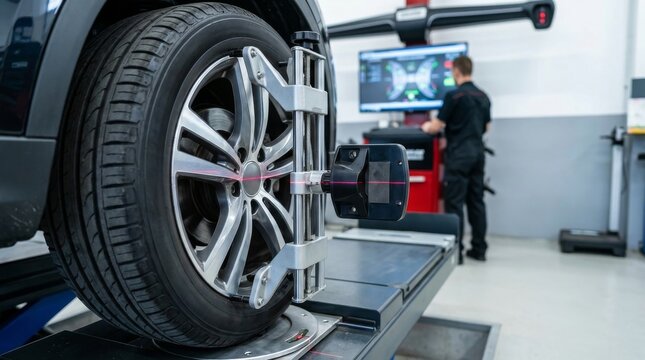 Mechanic performing wheel alignment on a car using modern computerized equipment in an auto repair shop with a computer monitor displaying diagnostic data
