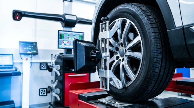 Mechanic performing wheel alignment on a car using modern computerized equipment in an auto repair shop with a computer monitor displaying diagnostic data