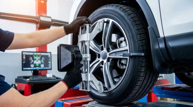 Mechanic performing wheel alignment on a car using modern computerized equipment in an auto repair shop with a computer monitor displaying diagnostic data