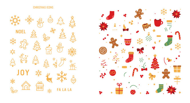 Christmas icon set with golden line art on navy background and colorful seamless pattern featuring stocking, poinsettia, candy cane and holiday elements