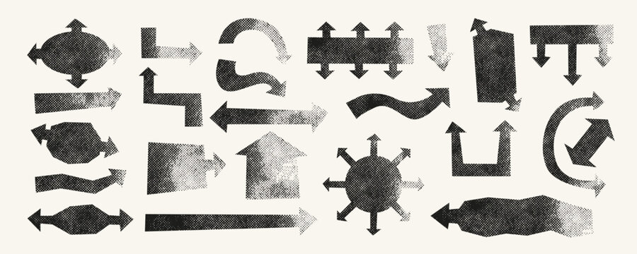 Set of arrows with place for text. Paper cut arrows with noisy grainy twxture. Risograph print arrow. 