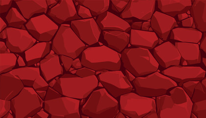 A seamless vector illustration of a red stone wall pattern, featuring cartoon style jagged rocks and boulders, perfect for game backgrounds, terrain textures, and abstract creative design projects. © Bediha Duru Öksüz