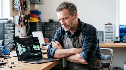 Fototapeta premium Thoughtful technician troubleshooting a laptop with a cracked screen in a busy repair shop