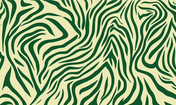 Seamless vector background with abstract green zebra stripes pattern on a light beige backdrop. Modern organic wavy lines texture for decorative print, fashion design, and creative graphic projects.