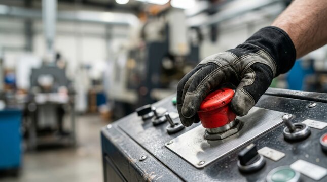 Workers gloved hand pushing a red emergency stop button on an industrial machine control panel in a factory