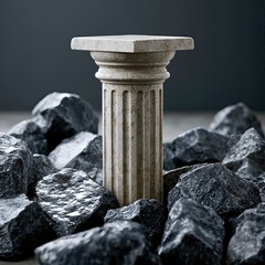 Naklejka premium Strength And Stability Concept, Ancient Stone Column Pedestal Surrounded By Rough Dark Rocks, Foundation And Support Metaphor