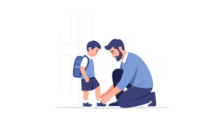 Fototapeta premium A loving father helps his young son tie shoelaces while preparing for back to school mornings in this flat minimalist vector illustration of family support
