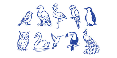 Obraz premium birds and wild avian nature doodle icon set with eagle flamingo parrot penguin owl swan and peacock vector illustration