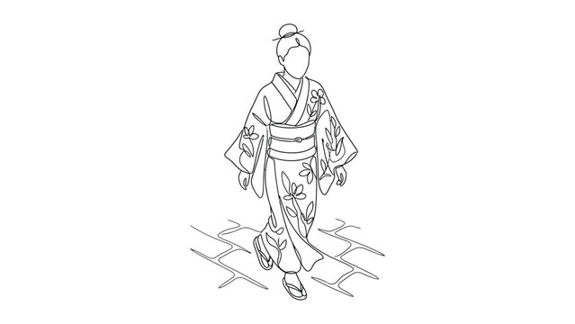 A woman in traditional Japanese kimono walking.