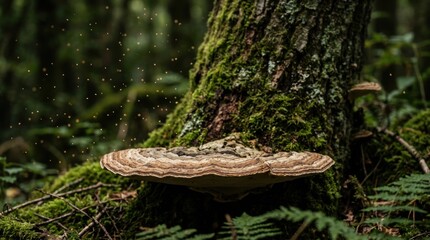 Fototapeta premium Large bracket fungus growing on moss covered tree trunk in a forest with spores being released into the air natural and earthy atmosphere