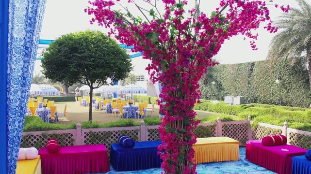 Luxury Royal Wedding Decoration Setup Drone View Showcasing Grand Floral Design, Palace Style Venue, Elegant Lighting, and Lavish Celebration Arrangement