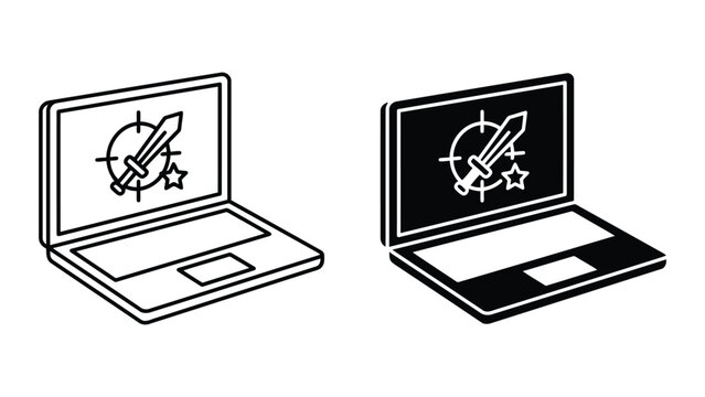 Gaming laptop icons with sword and target symbol in outline and solid black style for video game development and esports branding