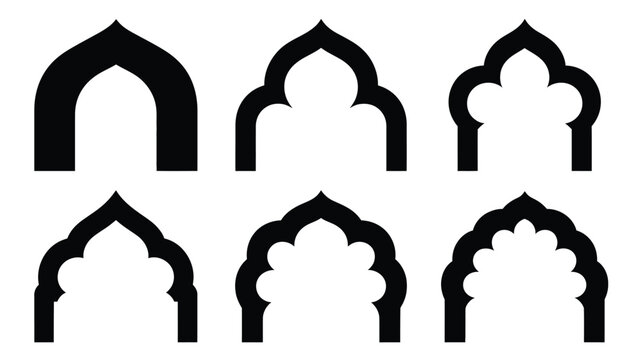 Arabic architectural border collection showing various black silhouette shapes of Ramadan arches doors windows and oriental patterns vector illustration