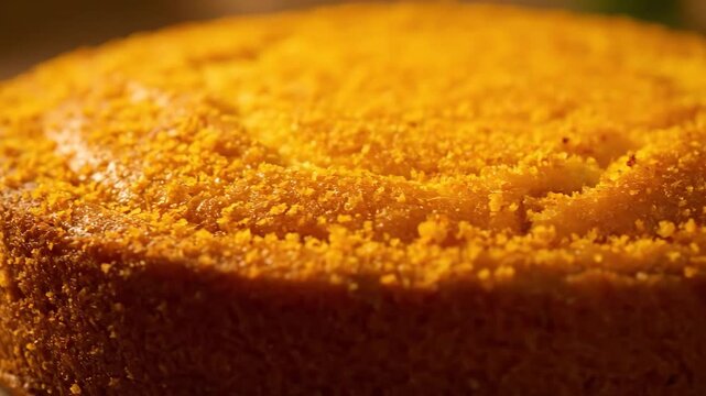 Close-up Macro Shot of Moist Orange Cake Surface Topped with Crumbly Zest or Crumbs, Showing Detailed Texture and Golden Crust