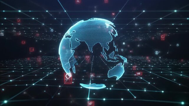 デジタルグリッドとデータノードが輝くホログラム3D地球儀の未来イメージ