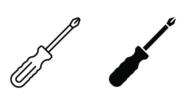 Professional screwdriver tool icon set displaying crosshead design in both outline and solid black silhouette styles for construction and hardware store web graphics isolated on white
