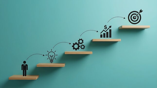 Strategic planning infographic showing wooden blocks arranged as stairs with black goal-oriented icons on a teal surface.