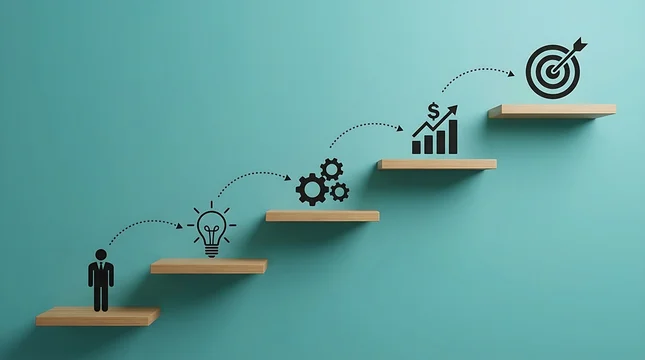 Strategic planning infographic showing wooden blocks arranged as stairs with black goal-oriented icons on a teal surface.