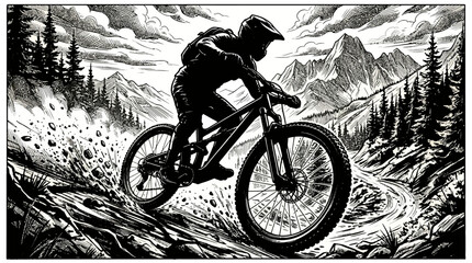Mountain Biker Descending Rocky Trail in Dynamic Black and White Illustration. © jonatan