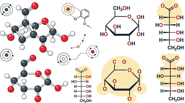 Chemical Molecular Structure Vector Set with Glucose Formulas Skeletal Diagrams Atoms and Biochemistry Educational Diagram Elements