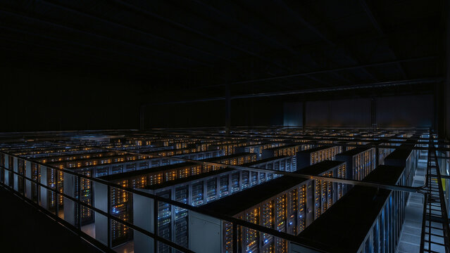 Cinematic photorealistic massive data center hall with rows of illuminated server racks Toward innovation Perfect for technology advertising presentation and IT brochure