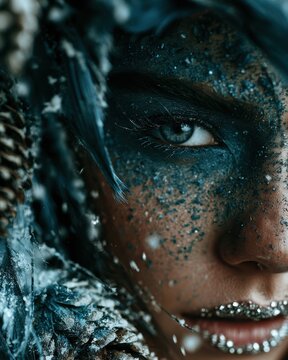 Close-up portrait of a winter beauty, deep cyan glowing eyeshadow, silver gems covering her lips, magical swirling snow and frosted pinecones close to the lens, dark fantasy aesthetic