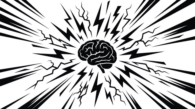 A detailed black and white illustration of a human brain surrounded by sharp jagged lightning bolts in a stylized comic book graphic art design style.