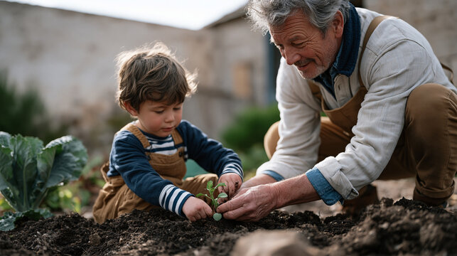 Grandfather showing grandchild how to plant a seedling in a modest backyard garden, generational teaching moment, grandparent bonding, outdoor skill passing, quiet rural afternoon