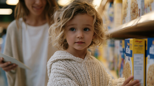 Toddler pulling cereal boxes off grocery store shelf while parent struggles to hold them with one arm and a list with the other, public parenting chaos, single parent grocery run,