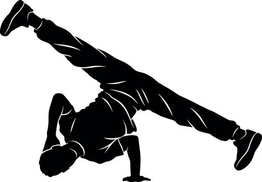 Dynamic breakdancing pose silhouette of a street dancer performing a handstand freeze silhouette
