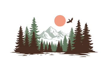 Mountains and Forest Vector Silhouette Sketch Featuring Natural Landscape, Pine Trees, Wilderness Scenery, and Outdoor Adventure Themes ©  