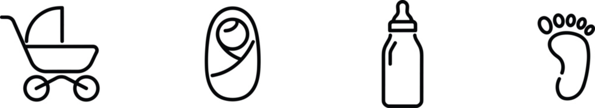 Minimalist baby line icon vector set featuring black outline symbols of a stroller carriage swaddled newborn infant milk bottle and tiny footprint track