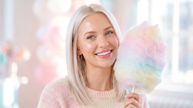 Happy woman holding cotton candy in a studio fashion portrait
