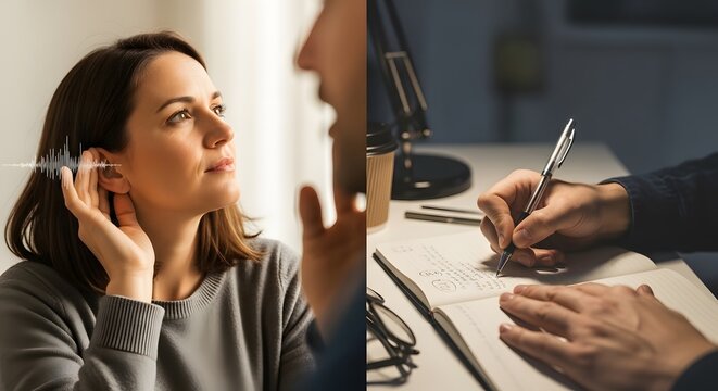 Aged Woman Listening Intently to Conversation and Professional Writing Setup